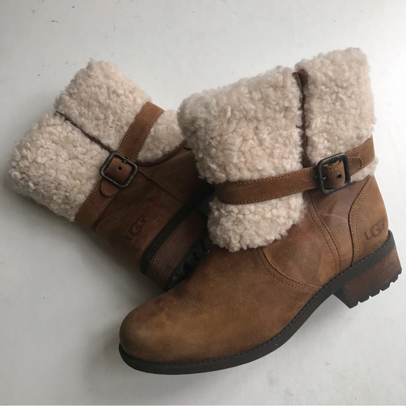 Last Chance! UGG Boots S-8.5 Blayre Lodge Chestnut Suede Side Zipper Shearling - Picture 4 of 4